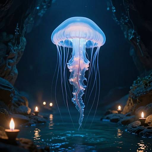 Photograph of a glowing blue jellyfish with translucent tentacles, floating in a dark, rocky cave illuminated by candlelight reflections.