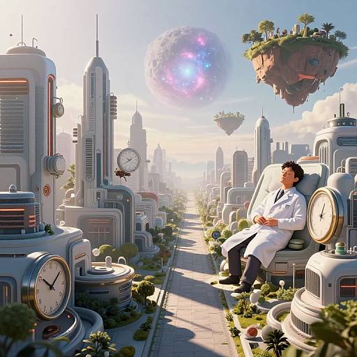 Digital art of a scientist in a white lab coat sitting on a giant clock, surrounded by futuristic floating islands and skyscrapers, with a glowing,
