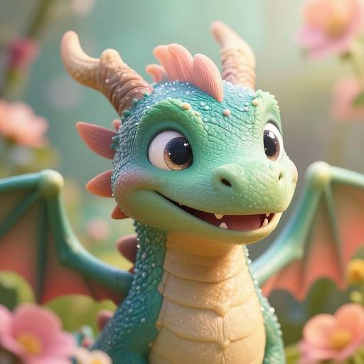 CGI close-up of a cute, green, cartoon dragon with pink spikes, large eyes, and a smiling expression, surrounded by pink flowers.