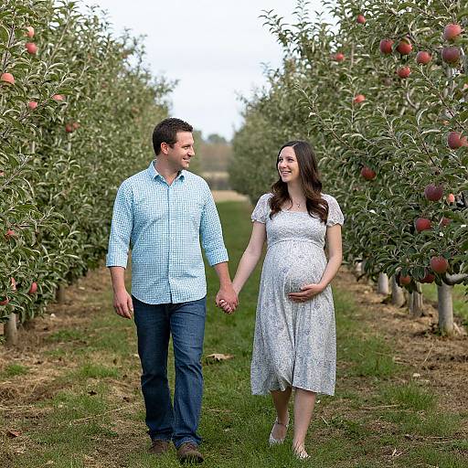 Pregnant woman in white dress and man in checkered shirt holding hands walk through apple orchard, surrounded by trees with red apples. Photographic