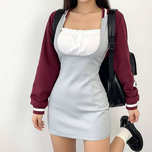 Photograph of a woman with long brown hair wearing a white, ruched, sleeveless mini dress, maroon long-sleeve cardigan