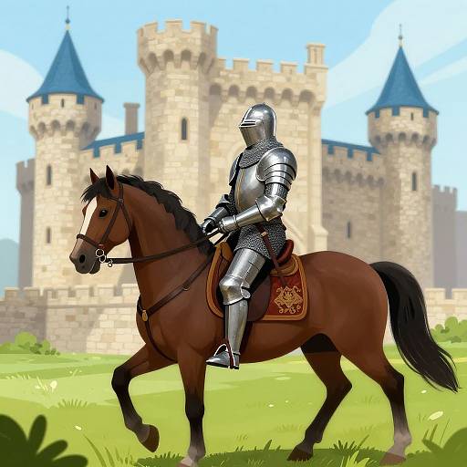 Digital artwork of a knight in shiny silver armor riding a brown horse with a red saddle blanket, in front of a medieval castle with blue-topped towers