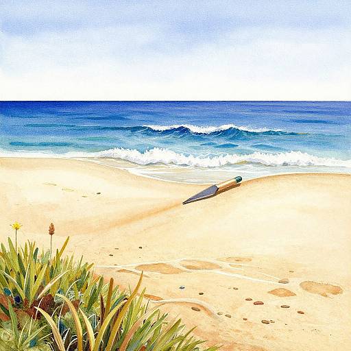 Colorful digital painting of a serene beach with blue ocean waves, sandy shore, and green beach plants in the foreground.