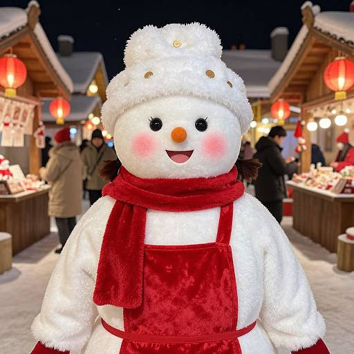 Photograph of a cheerful snowman with a red scarf and hat, standing in a festive nighttime market with glowing lanterns.