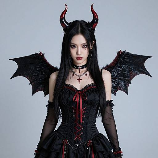 Photograph of a pale-skinned, black-haired woman with red devil horns, black wings, and dark gothic dress, set against a light blue