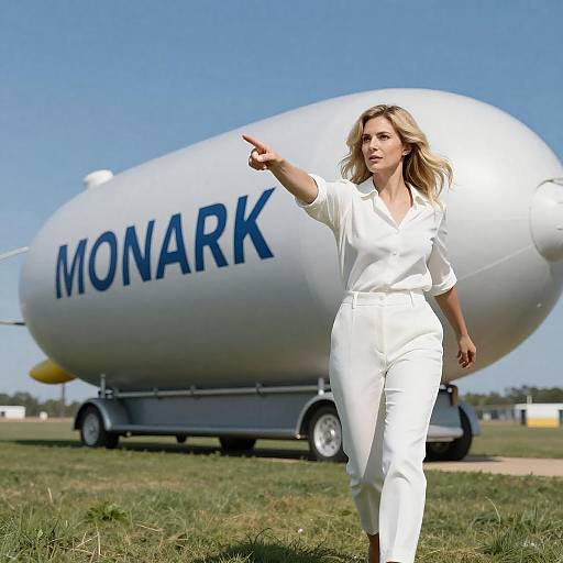 Woman Pointing Forward Near Monarch Blimp