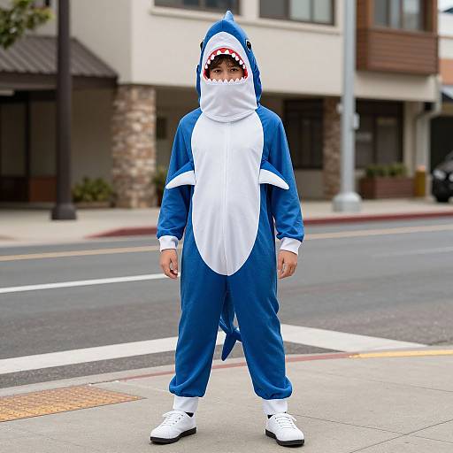 Photograph of a man in a blue and white shark costume with a hood and open mouth, standing on a city street.
