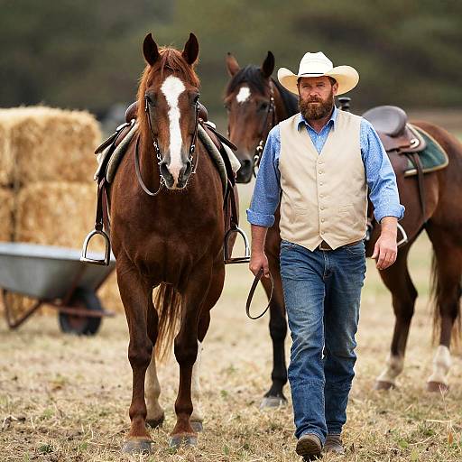 Cowboy Man with Horses in the Outdoors