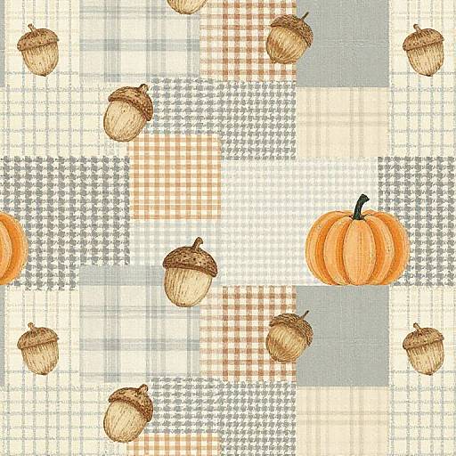 Fall-themed pattern with orange pumpkins and brown acorns on a white, gray, and orange plaid background. Digital illustration.