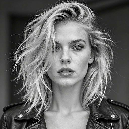 Black and white portrait of blonde woman in leather jacket