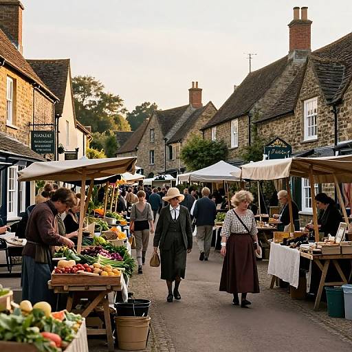 Photograph of a bustling outdoor market in a quaint village with stone cottages, vendors under white canopies, and shoppers in period attire.