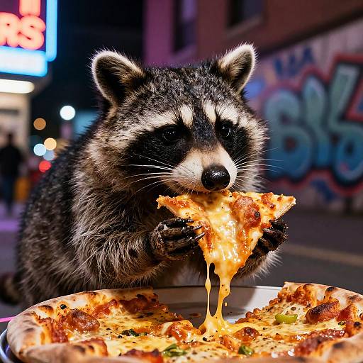Photograph of a raccoon eating pizza slice at night, with neon lights and graffiti in the urban background, holding cheese-dripping pizza in front