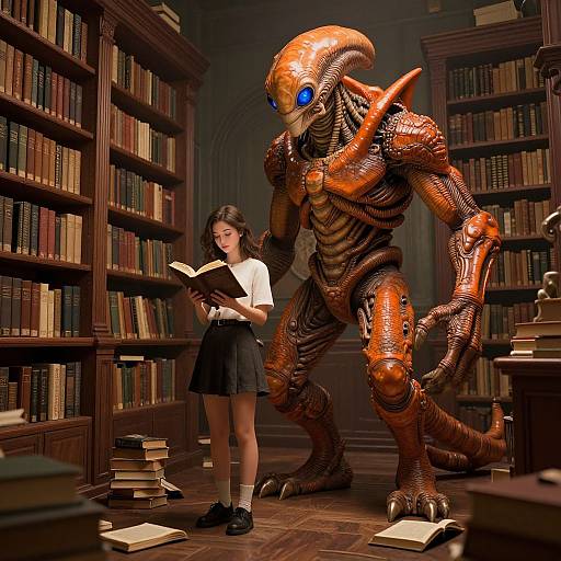Digital artwork: Anime girl in white blouse and black skirt reads book, stands beside towering, orange, alien-like creature with blue eyes in a dimly