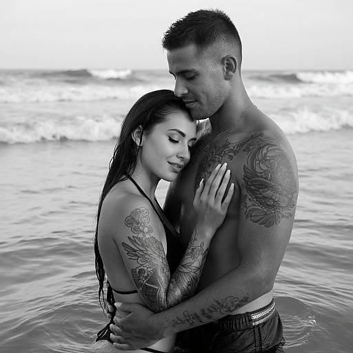 Black-and-white photo of a tattooed, shirtless man and woman embracing in shallow ocean water, both smiling, with waves in the background.