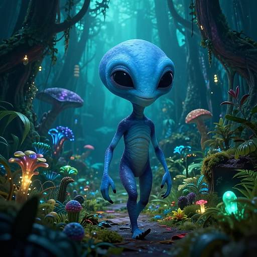 Blue Alien in Bioluminescent Jungle
