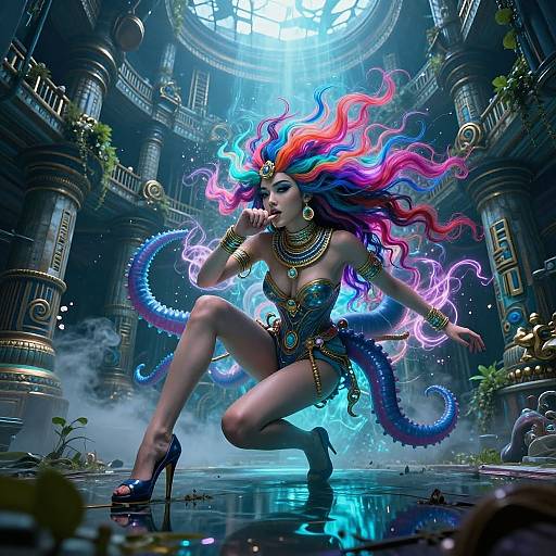 Digital fantasy art: A fierce, topless woman with vibrant, multicolored hair and glowing tentacles kneels in a grand, misty,