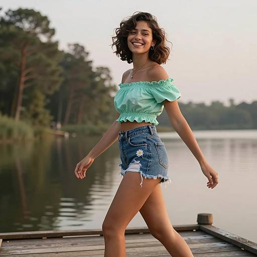 Woman in Denim Shorts on Lake Pier
