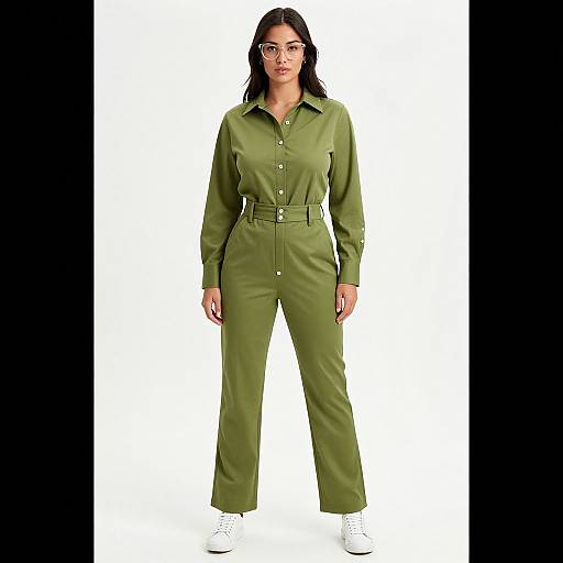 Photograph of a South Asian woman with long black hair, wearing glasses, olive green jumpsuit with black collar, belt, and white sneakers, standing