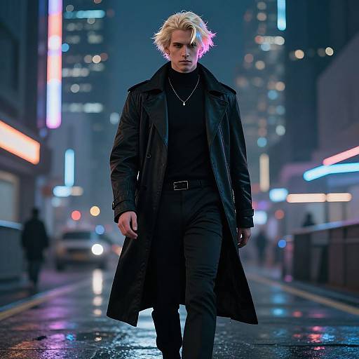 Photograph of a blonde man with spiky hair, wearing a black trench coat and black shirt, walking down a neon-lit, rain-soaked