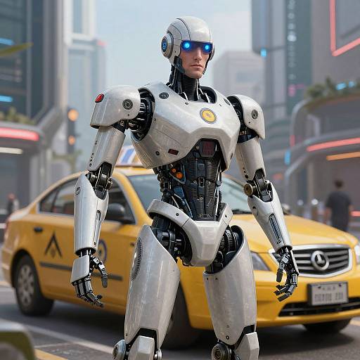 Photorealistic CGI of a white, futuristic robot with glowing blue eyes standing in a bustling city street with a yellow taxi.