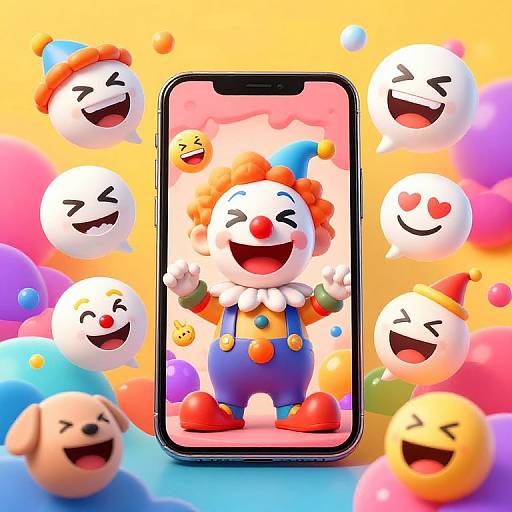 Colorful digital illustration of a smiling clown on a smartphone, surrounded by floating, laughing ghost faces against a vibrant, bubble-filled background.