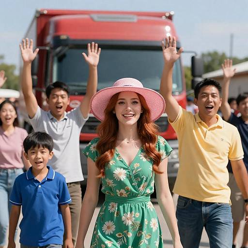 Cheerful Gathering with Red Truck and Woman