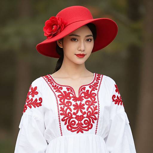 Woman in White Dress with Red Hat