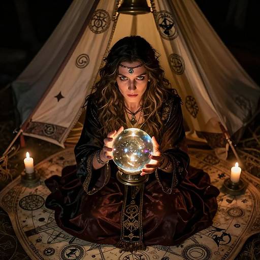 Photograph of a mystical woman with long, wavy brown hair, wearing a dark, ornate robe, holding a glowing crystal ball, seated in