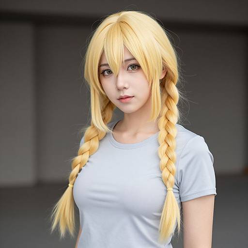 CGI image of a young woman with long, blonde braided hair, wearing a white t-shirt, standing against a blurred, dark background.