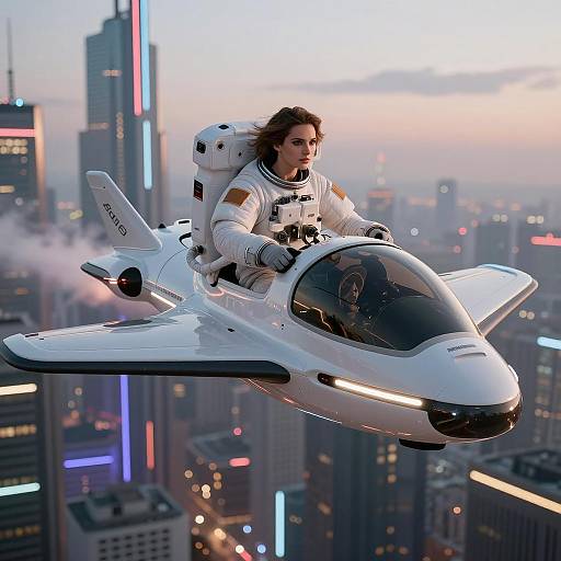 Female Astronaut Piloting Futuristic Hovercraft