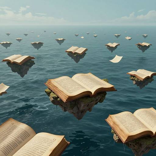 Digital artwork of open books floating on a vast, calm ocean, under a clear blue sky with scattered clouds.
