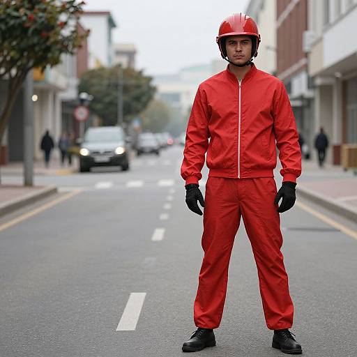 Photograph of a man in a bright red jumpsuit, black gloves, and helmet standing confidently on an urban street.
