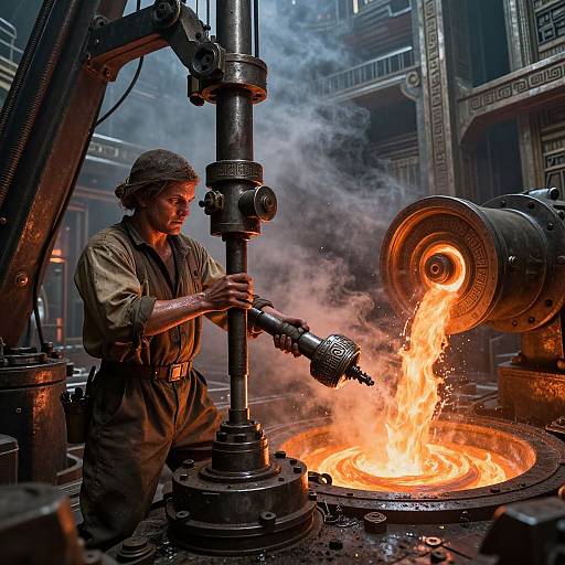 Photograph: Industrial worker in brown overalls and helmet pours molten metal into fiery furnace, surrounded by steam and machinery in dimly lit factory.