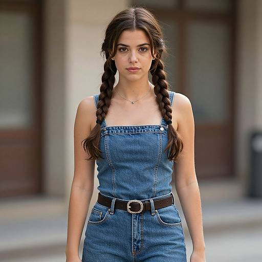 Photograph of a young woman with long, dark braided hair, wearing a blue denim dress with a black belt, standing on a city street with