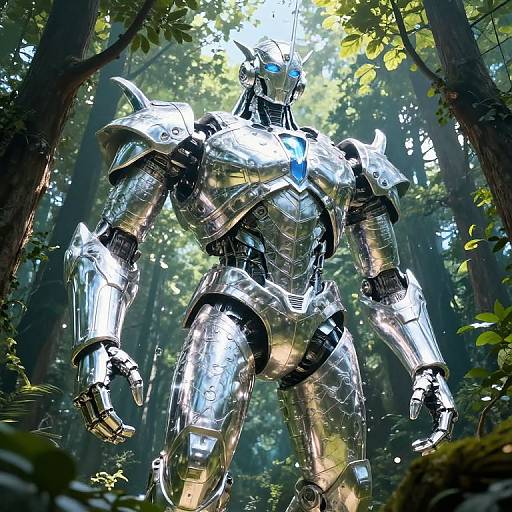 Photorealistic CGI of a glowing, silver, robotic warrior standing in a sunlit forest, surrounded by tall trees and dense foliage.