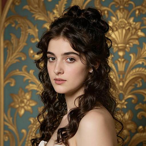 Photograph of a young woman with long, curly black hair, fair skin, and brown eyes, against a gold and teal ornate floral-patterned