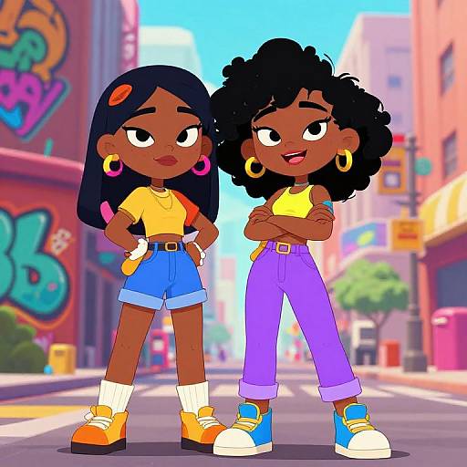 Digital cartoon of two dark-skinned girls with big eyes, standing confidently on a colorful city street, wearing yellow tops and high-waisted jeans.