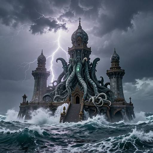 Photorealistic digital art of a stormy sea with a dark, tentacled, gothic cathedral rising from the waves, lightning illuminating the