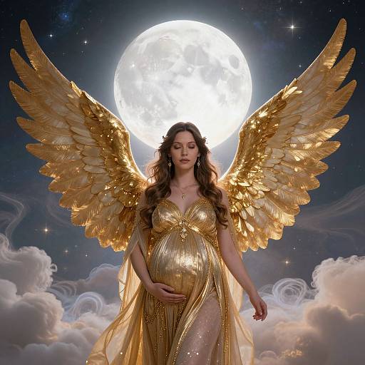 Digital artwork of a pregnant woman with golden wings and dress, standing before a full moon, surrounded by clouds.
