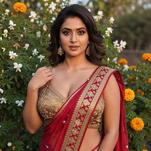 Photograph of an Indian woman with medium skin tone, dark wavy hair, wearing a gold-embellished red sari, gold earrings,