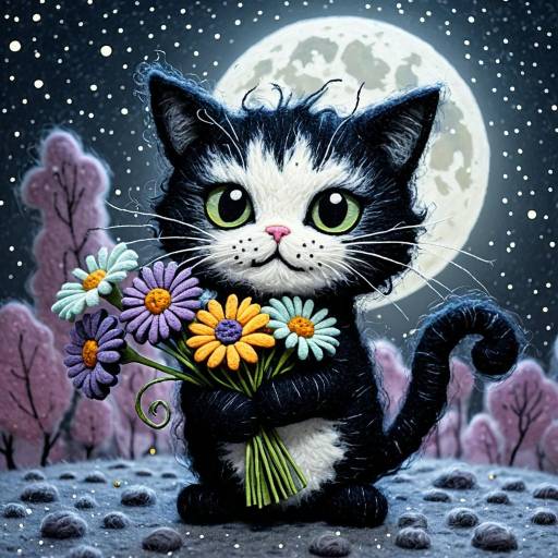 Cartoon Cat with Bouquet under Full Moon