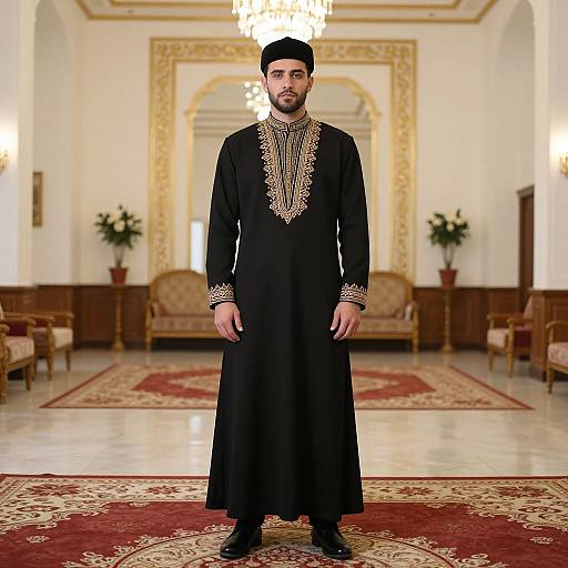 Photograph of a bearded man in traditional black Qawmee attire with gold embroidery, standing in an ornate, gold-framed room with