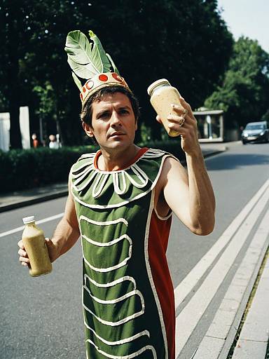 Person in Caesar Dressing Bottle Costume Outdoors