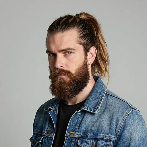 Photograph of a serious, bearded white man with long brown hair in a ponytail, wearing a blue denim jacket over a black shirt, against