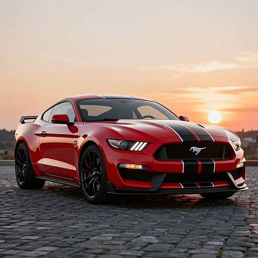Photograph of a red Ford Mustang with black racing stripes and black wheels parked on a cobblestone path at sunset.