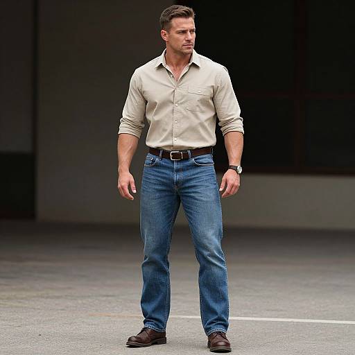 Photograph of a muscular, handsome man with short dark hair, wearing a beige button-up shirt, blue jeans, black belt, and brown shoes,