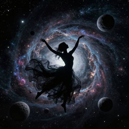 Silhouette of a dancing woman in a flowing dress against a vibrant, swirling galaxy with planets in the background. Digital art.