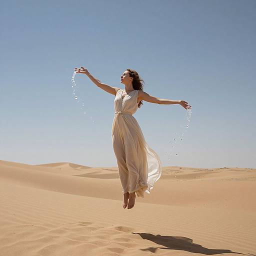 Photograph of a woman with flowing dark hair, wearing a sheer, beige, sleeveless dress, jumping in a bright, clear desert with golden sand