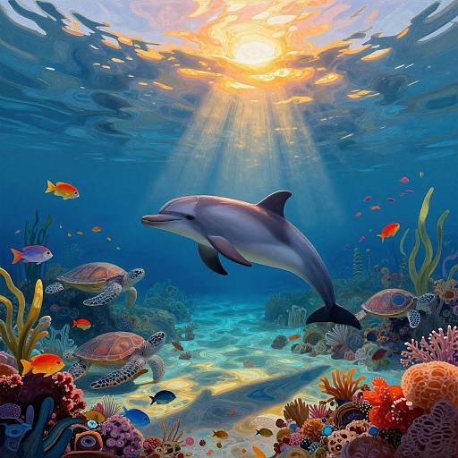 Vibrant underwater photograph of a dolphin swimming gracefully through a sunlit coral reef, surrounded by colorful fish and sea turtles.
