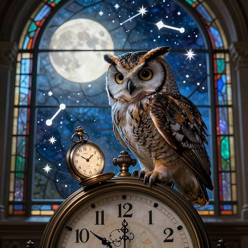 Photograph of a detailed, realistic owl with brown and white feathers perched on an antique clock, illuminated by a full moon through a vibrant stained-g